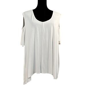 Linjia Asymmetrical Cold Shoulder Blouse Scoop Neck Short Sleeves Large White
